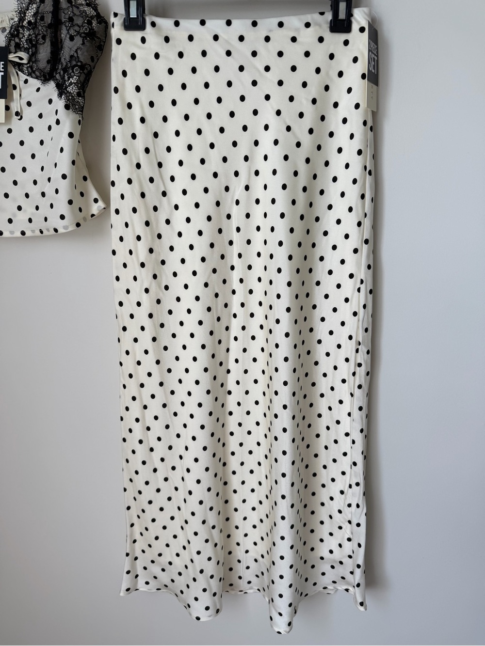 Cream black Polka Dot midi Skirt and tank top two piece Set with Lace Trim - Picture 2 of 8